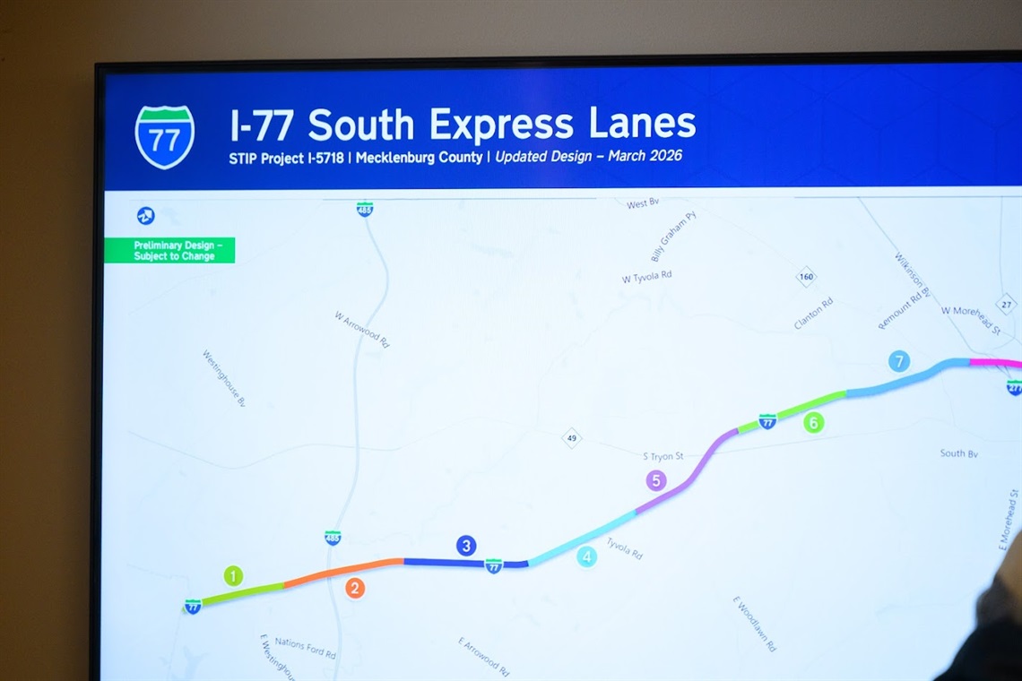 A television monitor depicting a map of I-77 South