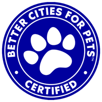 Better Cities for Pets Website Link 200x200 accreditations BCFP.png. Better cities for pets certified seal white font blue seal white large pawprint in center