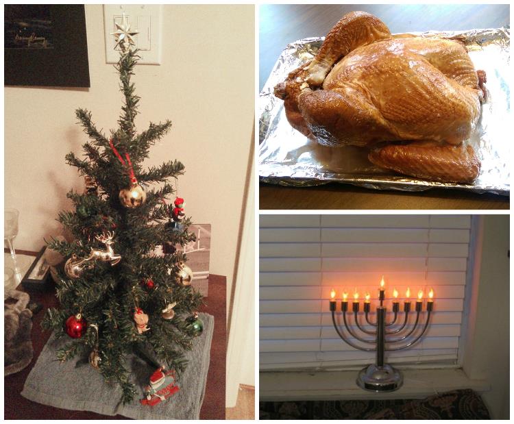 a christmas tree, a turkey, and a Menorah on a windowsill represents the common year-end holidays