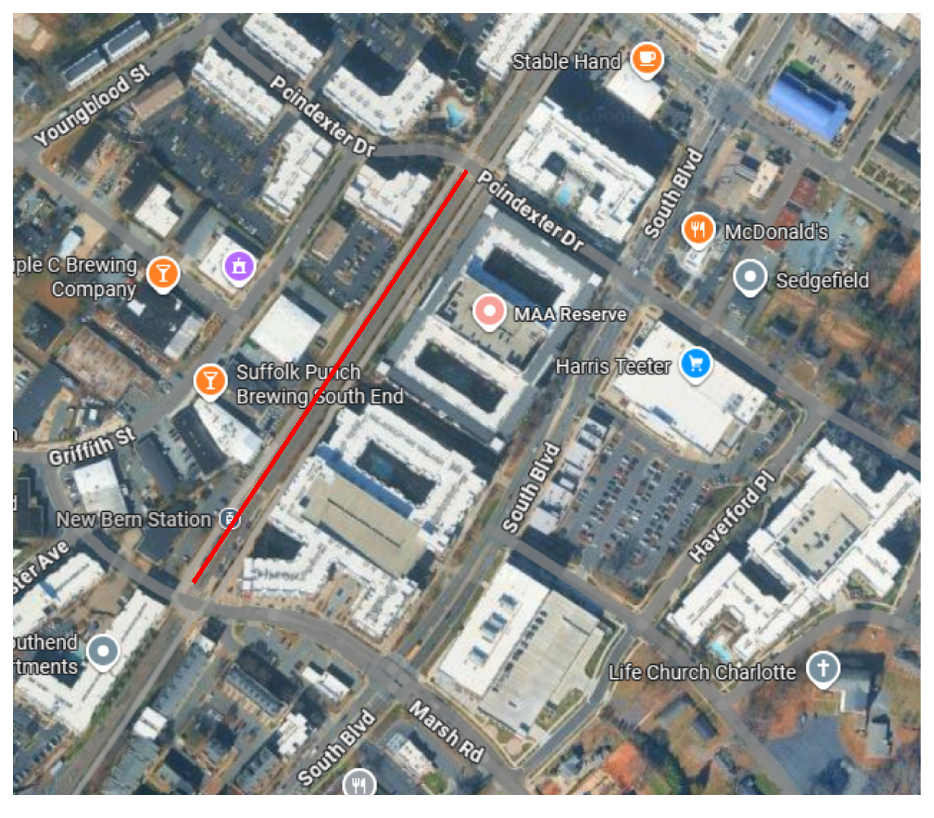 A map image depicts a red line along the Blue Line Light Rail Trail between Poindexter Drive and New Bern Street to highlight the section of trail that will be temporarily impacted due to the drainage project. 