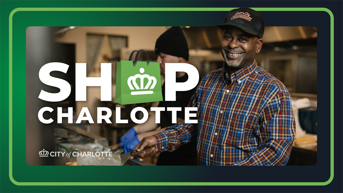 Business owner smiling at the camera with Shop Charlotte text to the left.