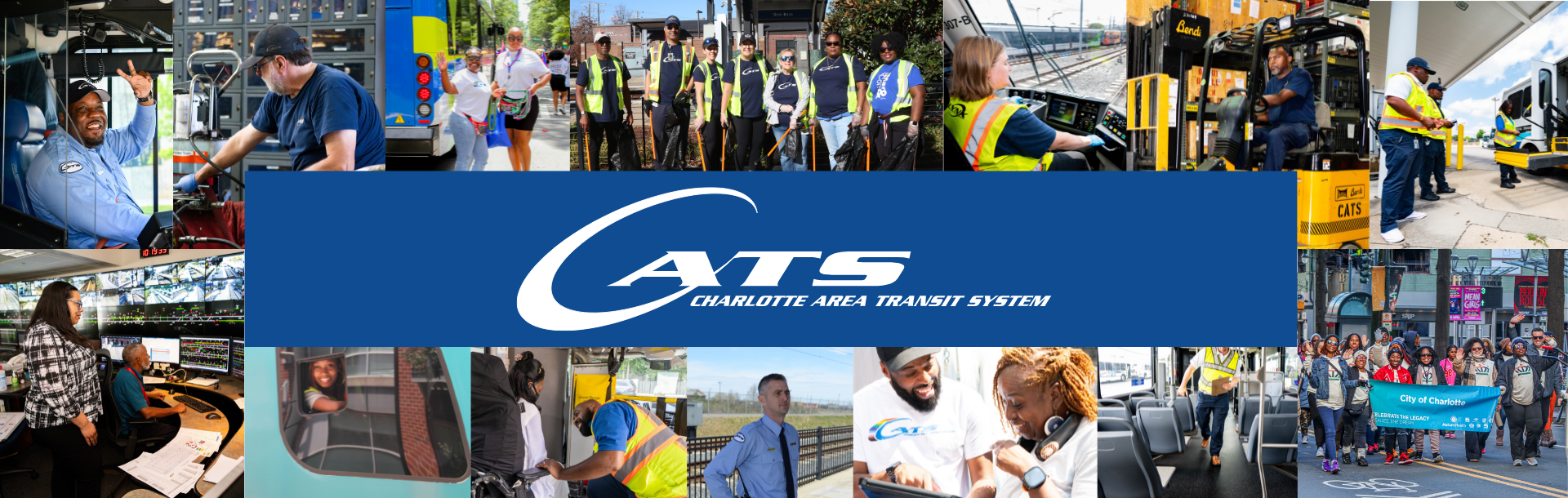 Photo collage of CATS employees working and smiling. In the center, the CATS logo in front of a blue background
