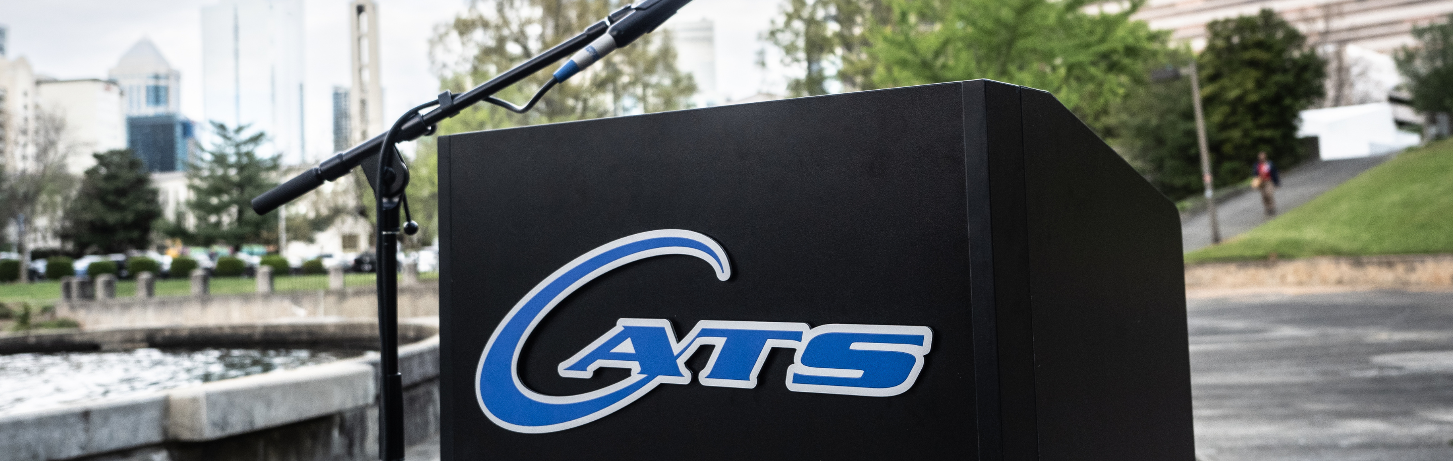 CATS podium used for media events, with the CATS logo on the front
