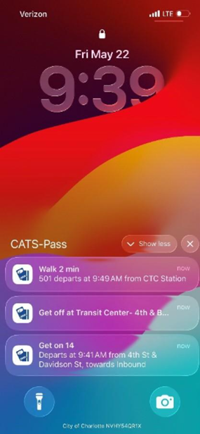 Three notifications from the CATS pass app on an iPhone lock screen stating walk 2 min, get off at Transit Center, Get on 14