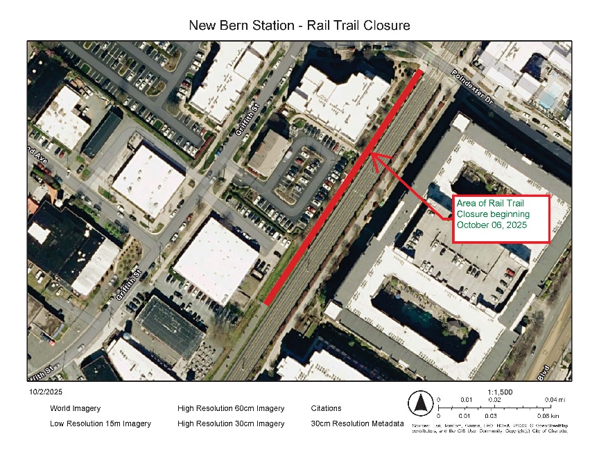 Map overhead view of New Bern Station for the rail trail closure, with a detailed description below