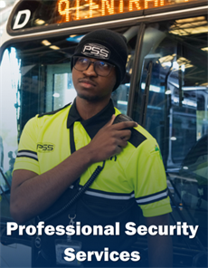 Professional Security Services employee in front of a CATS bus
