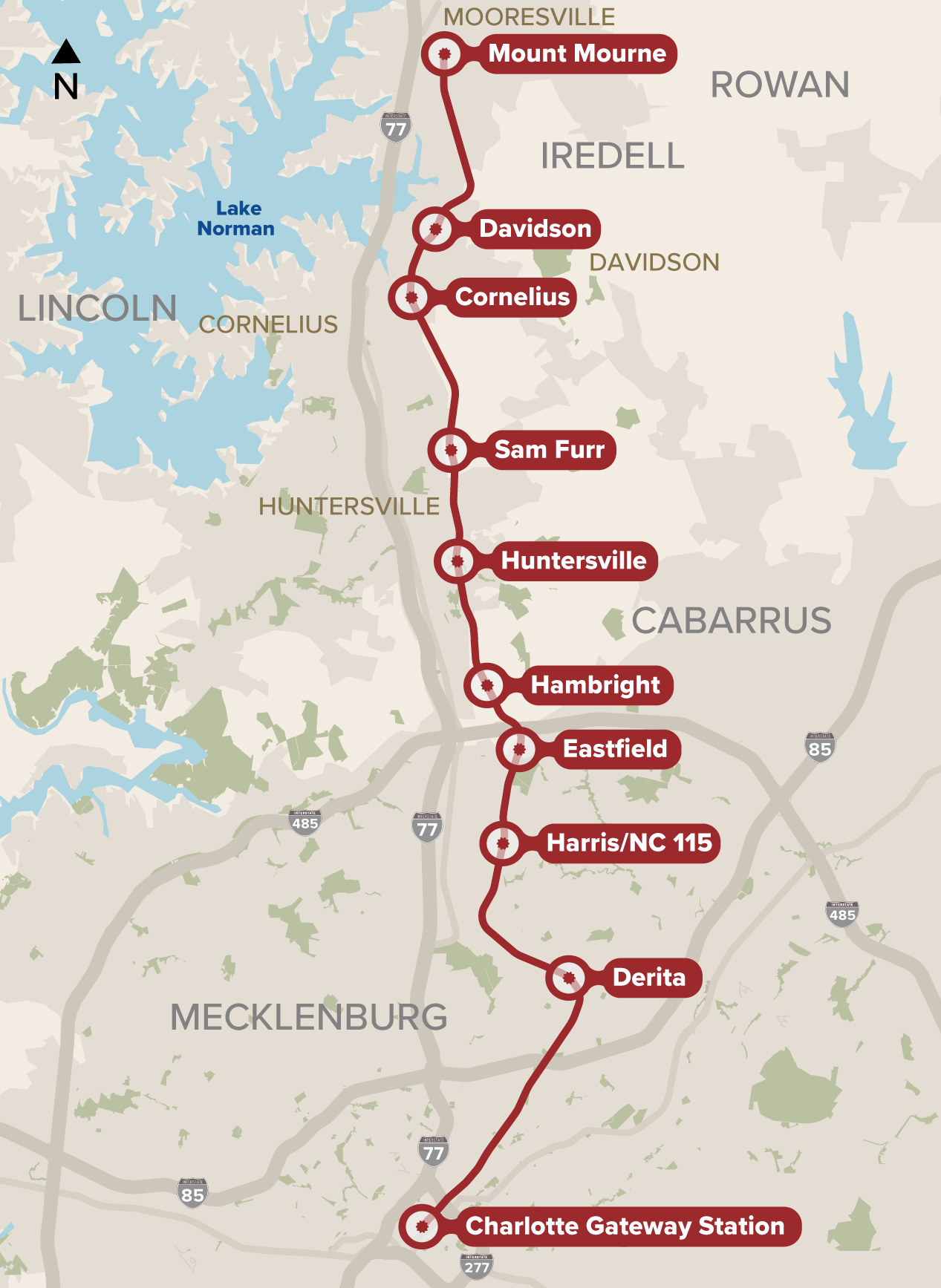 Map of Red Line stops from Charlotte gateway station all the way to Mount mourne