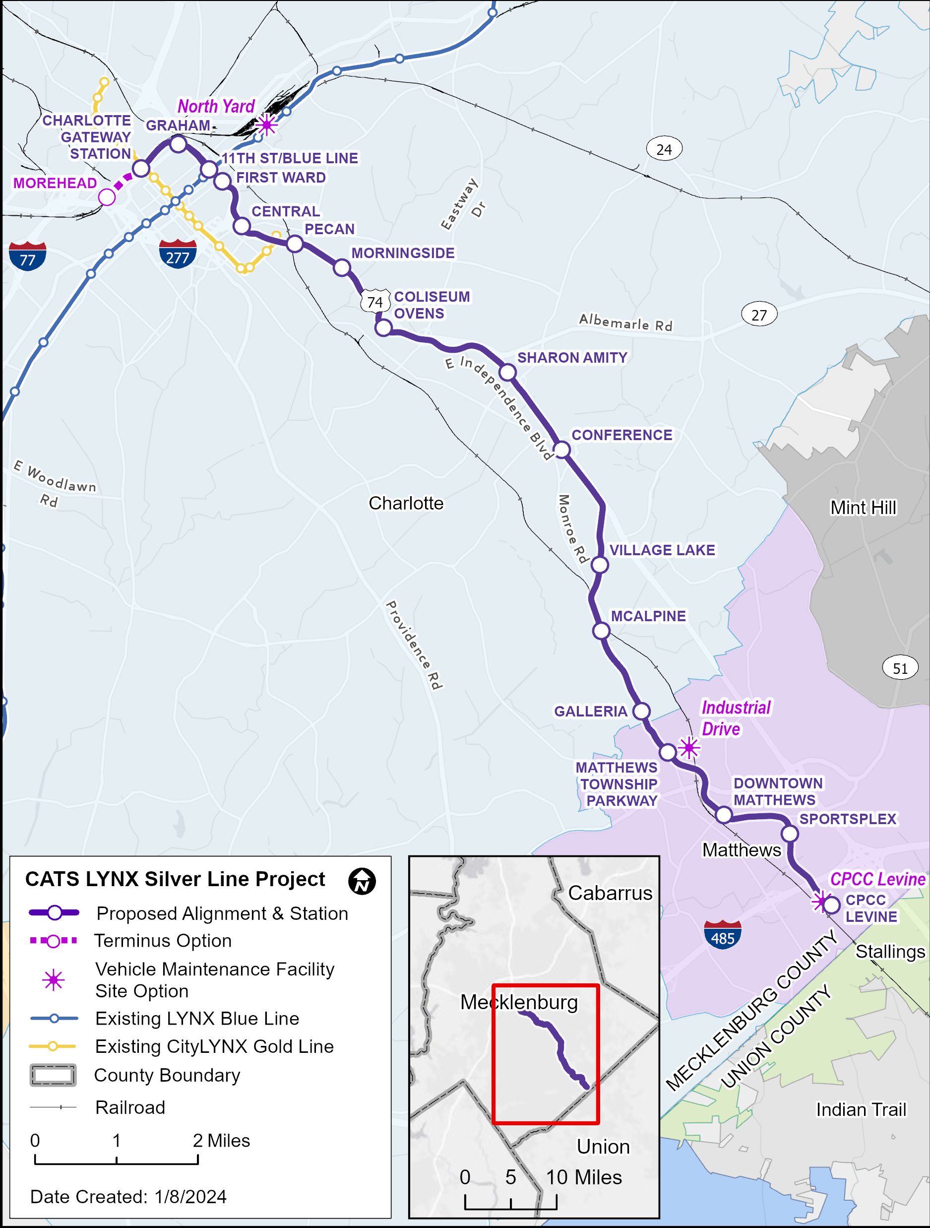 Silver line Project Vicinity map from morehead to CPCC levine