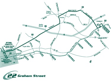 Map of route 22 on Graham street displaying stops 1, 2, 3, 4 and 5
