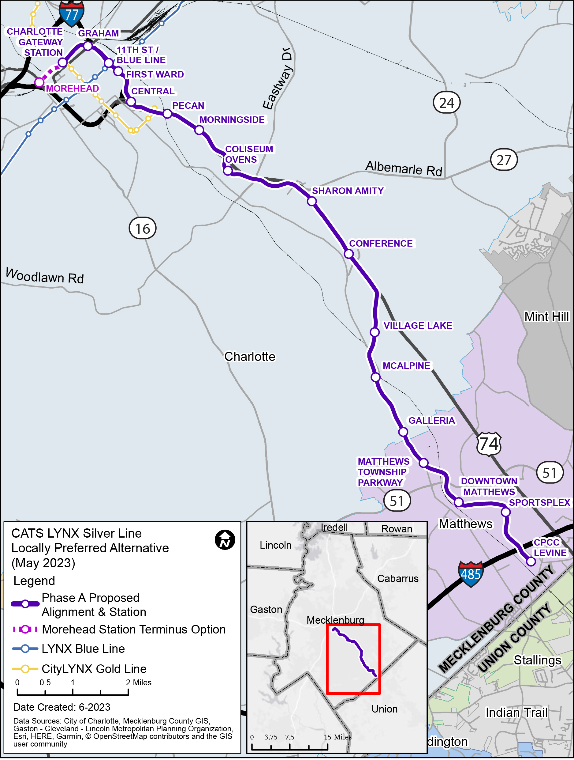 map of Pre Project development from Morehead to Charlotte gateway station
