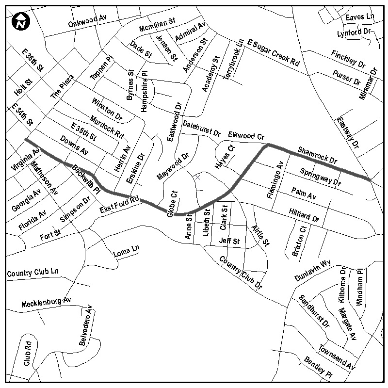 a line drawing of a map of the project area with a bold line indicating the alignment along Shamrock Drive