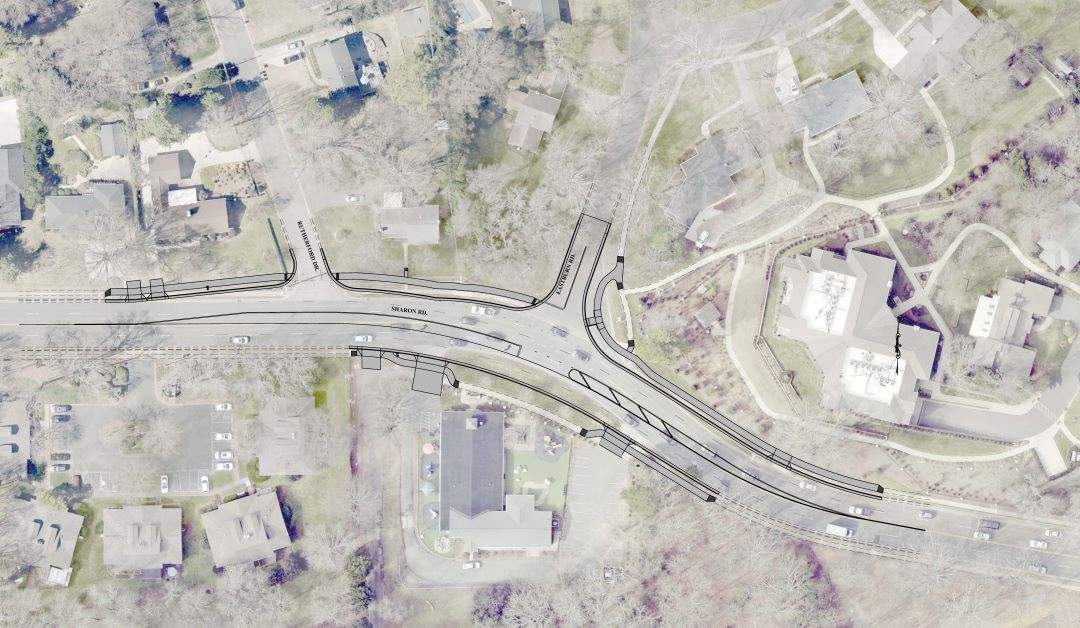 A satellite image of the project area with black lines superimposed to illustrate the project improvements