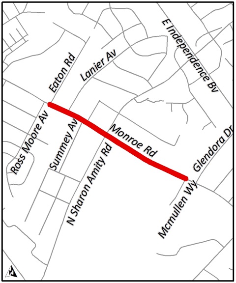Map of the project area, which runs on Monroe Road between Eaton Road and McMullen Way