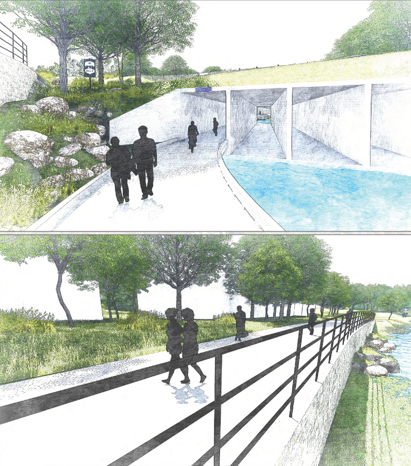 Rendering of Woodlawn Road underpass (top) and trail with safety railing near Selwyn Village community (bottom)