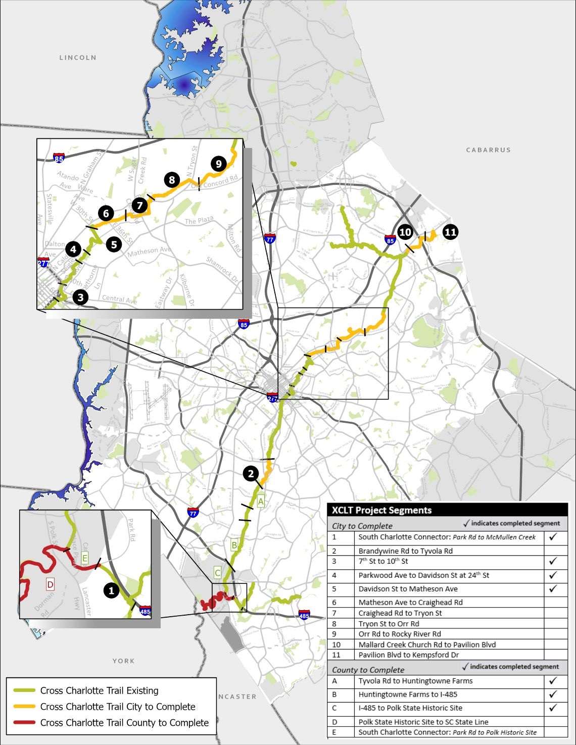 Map of the Cross Charlotte Trail, starting near the Cabarrus County line and ending at the South Carolina state line