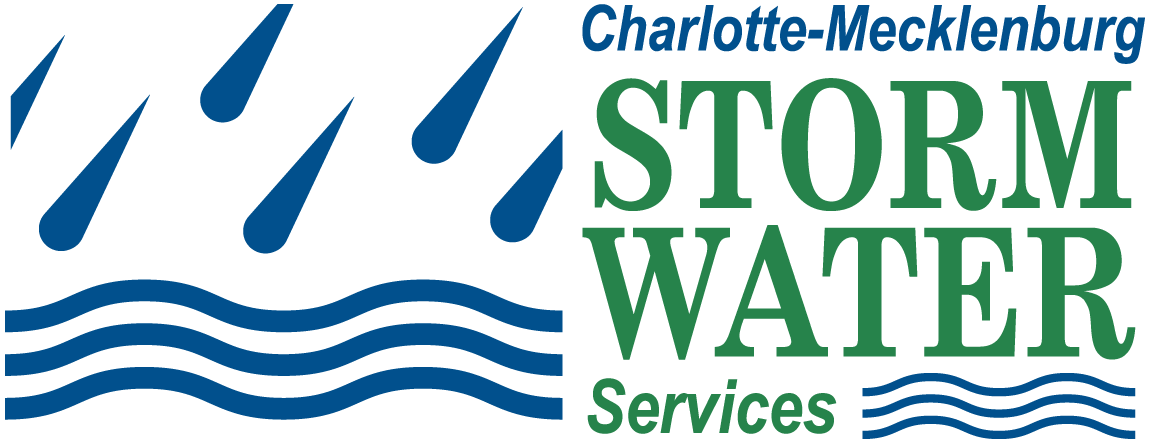 Logo with green text Charlotte-Mecklenburg Storm Water Services and blue raindrops and blue waves.