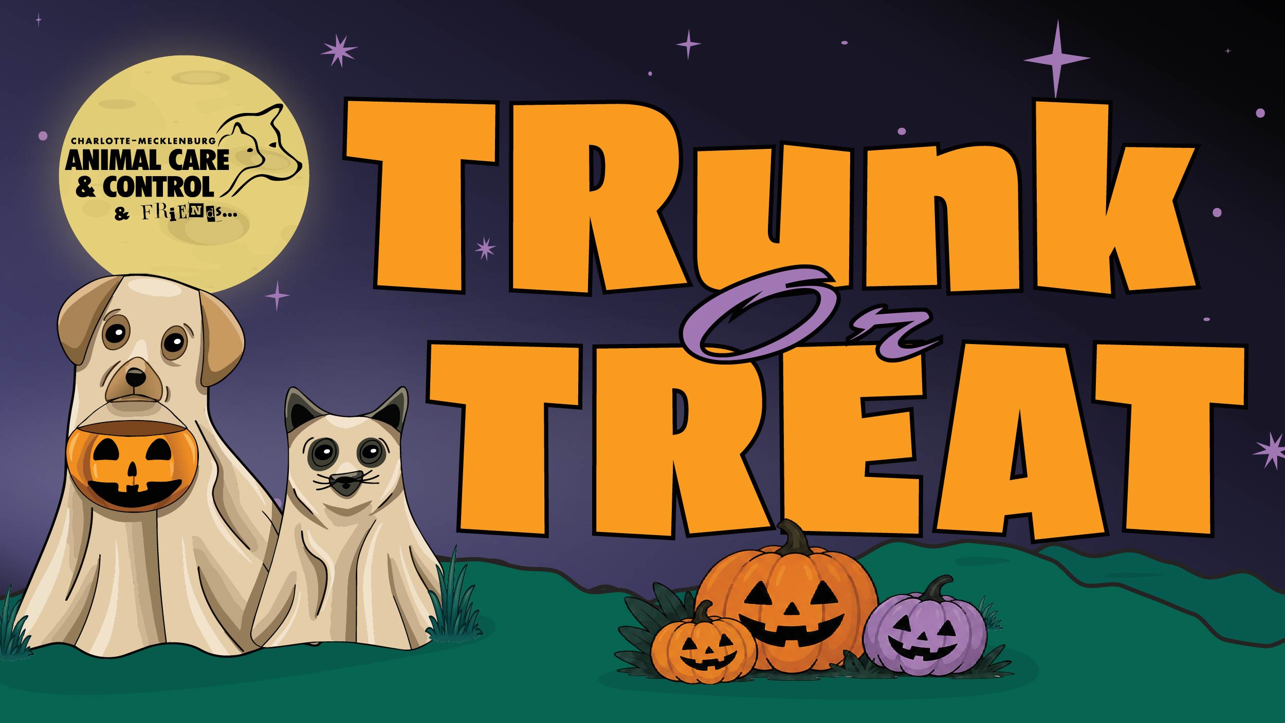 Trunk or Treat banner featuring a dog and cat dressed as ghosts, colorful jack-o’-lanterns, stars and the Animal Care & Control logo.