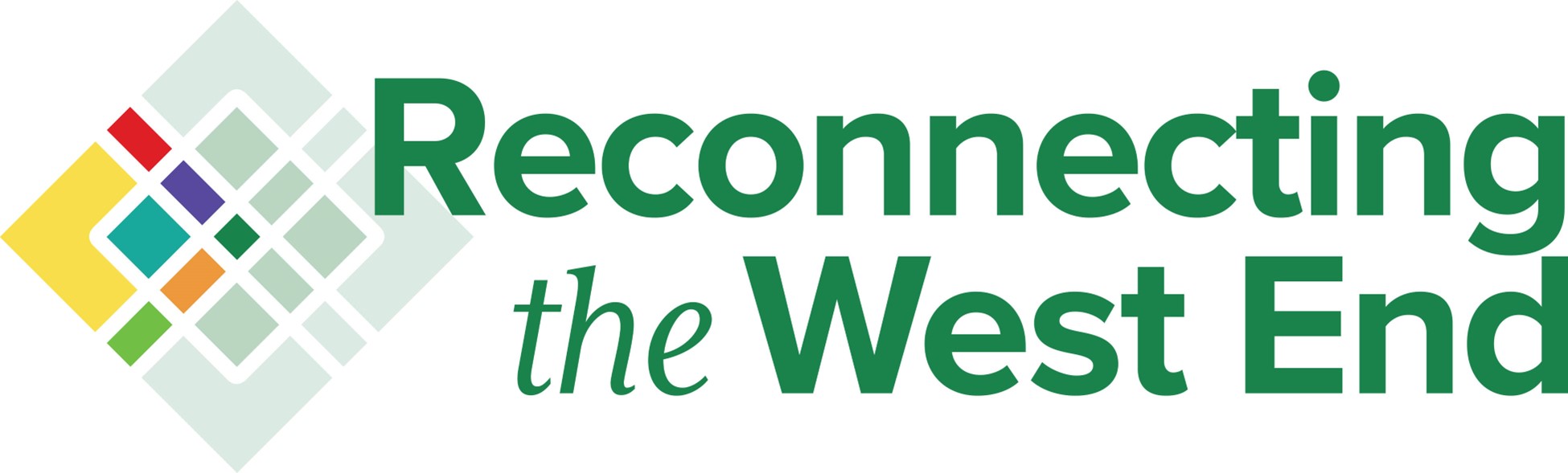 Colorful square logo with text that says reconnecting the west end