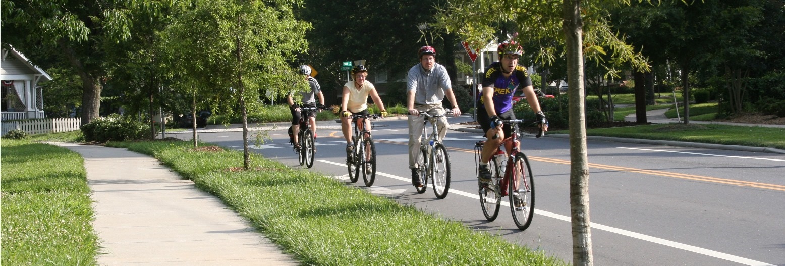 bicyclists wearing helmets riding in a bike lane along a residential street