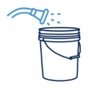 line drawing of a bucket with a garden hose sprinkling water into it