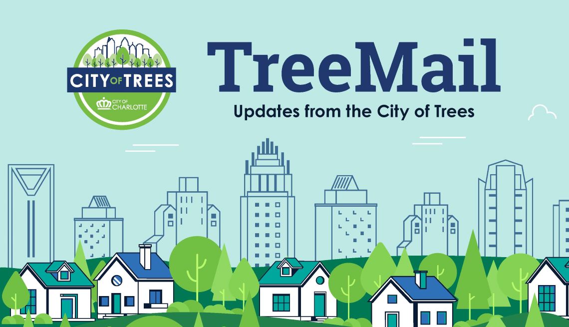 Illustration of houses surrounded by trees with a skyline in the background