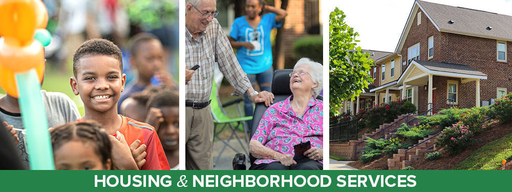 Housing & Neighborhood Services showing 3 images of citizens and neighborhood sidewalk.