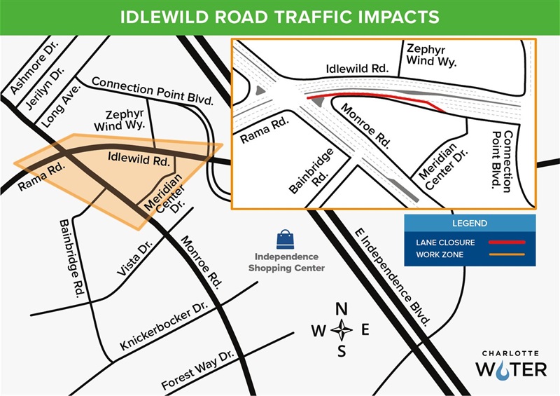 Map showing Idlewild road traffic impacts due to lane closure and work zone. Affected area includes Zephyr Wind Way, Sportsman Dr, and portions of Idlewild Rd near the Medina Neighborhood and shopping center.