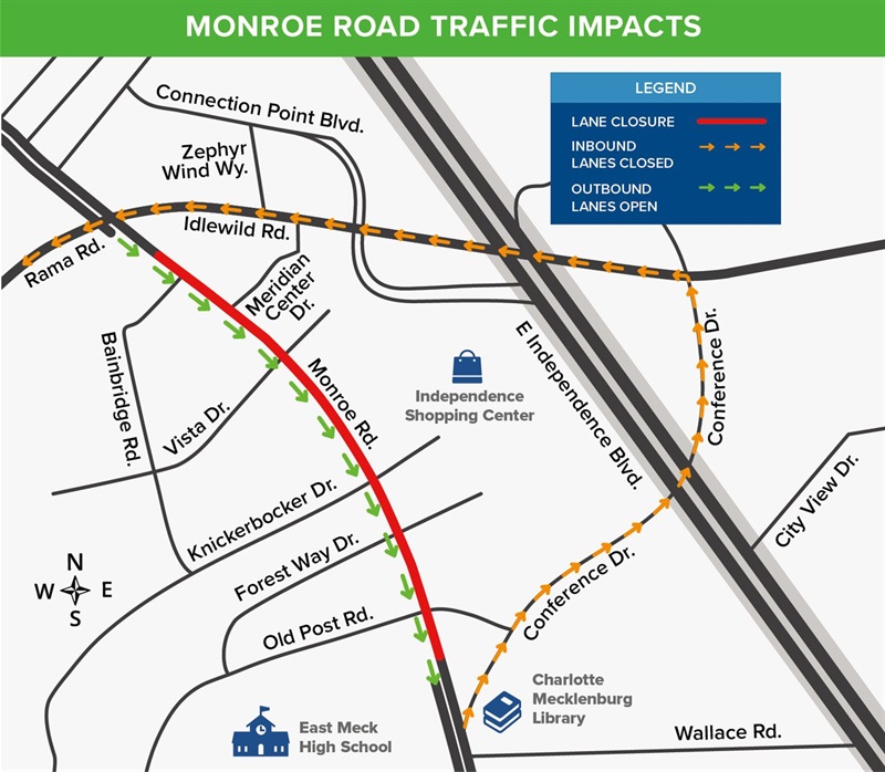A map showing Monroe Road traffic impacts, with lane closures marked in red, and detour routes in orange arrows.
