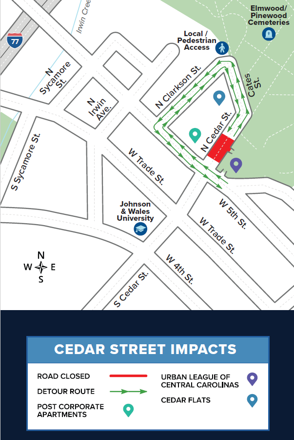 Map illustration showing that part of North Cedar Street is closed near 5th Street with drivers detoured onto North Clarkson Street