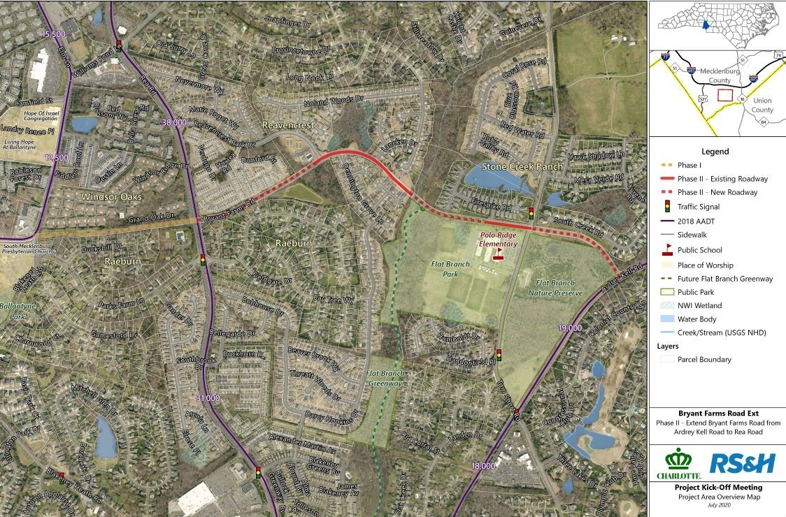 an aerial map of the project area with a dotted red line depicting where the new roadway sections will go
