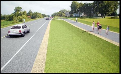 consultant rendering of project, with wide trail separated by a large planting strip from the road