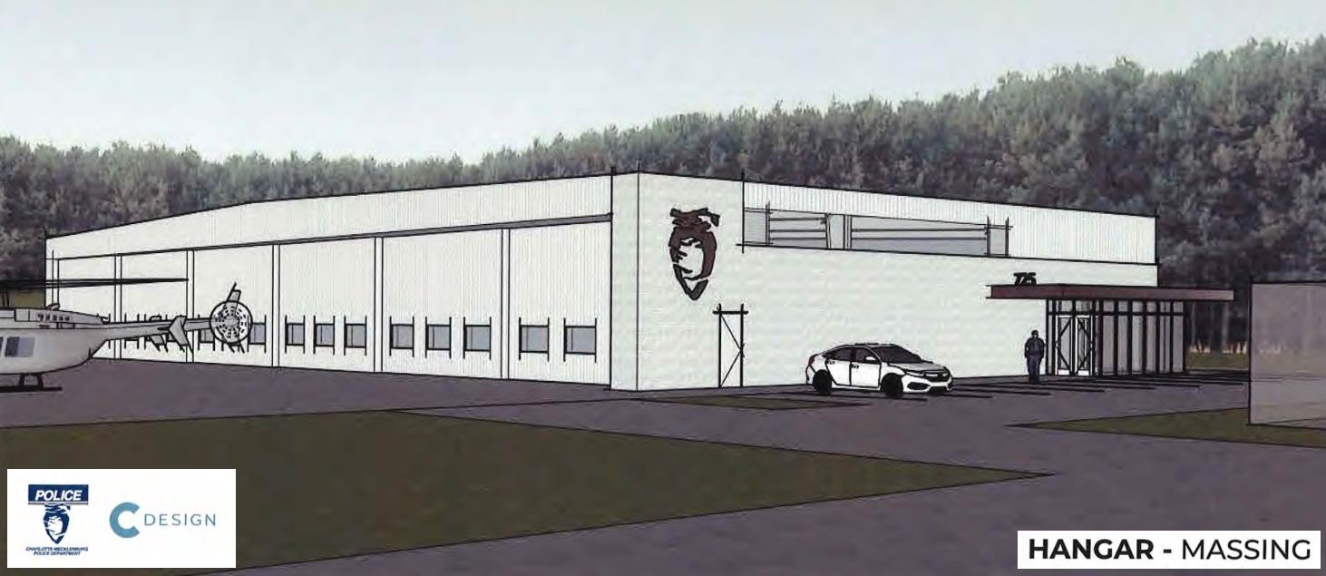 drawing of a large hanger with helicopter and a police car parked outside