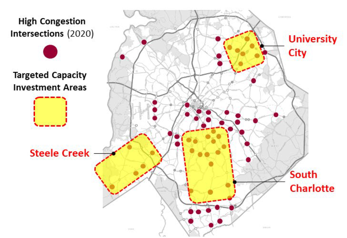 A map of high-congestion intersections, indicated by red dots, and yellow boxes, indicating targeted capacity investment areas. The boxes are located in University City, Steele Creek and South Charlotte.