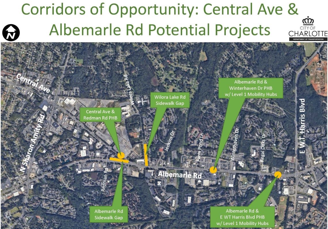 aerial map of Albemarle Corridor projects, indicated by free blocks and arrows pointing to yellow points along Albemarle Road