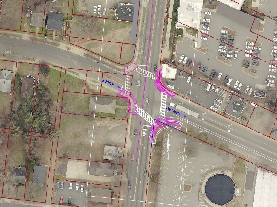 aerial view of intersection with truck aprons and other improvements superimposed on the image