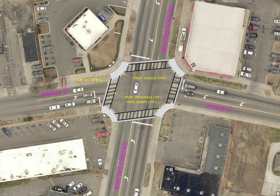 aerial map of intersecton with crosswalks and mast arms superimposed on top of the image
