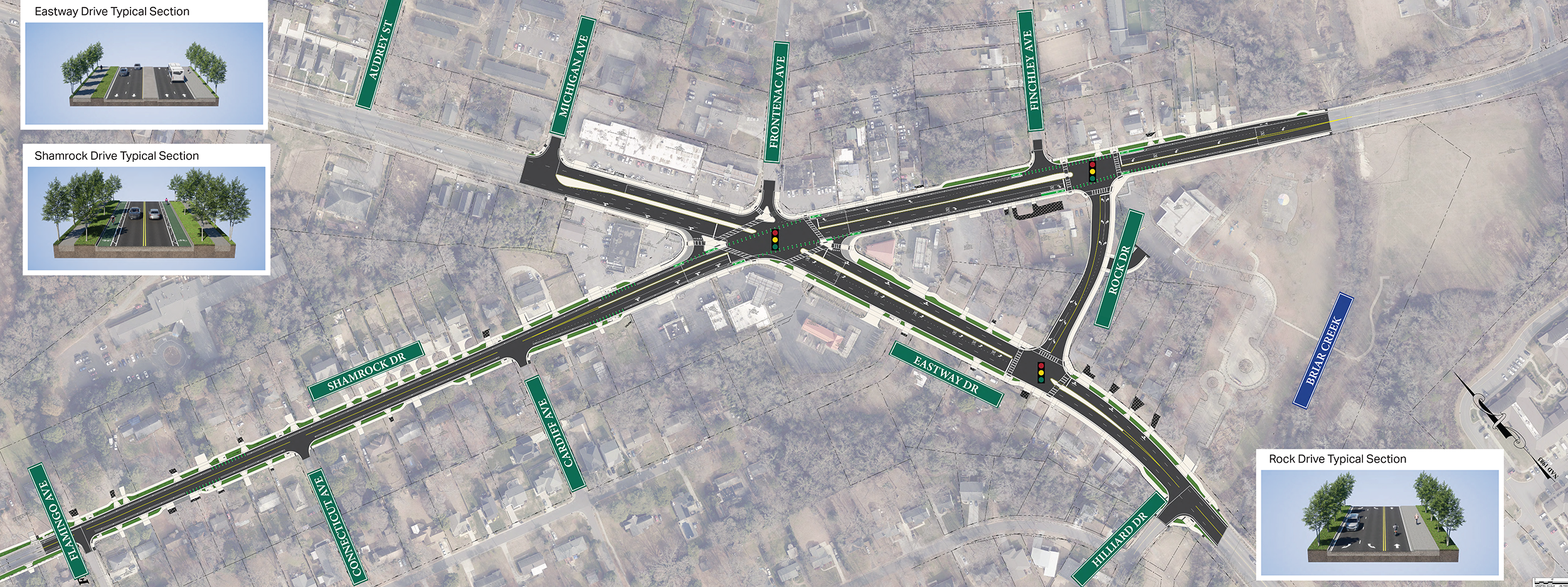 Map of project area with project overlaid and insets showing roadway improvements