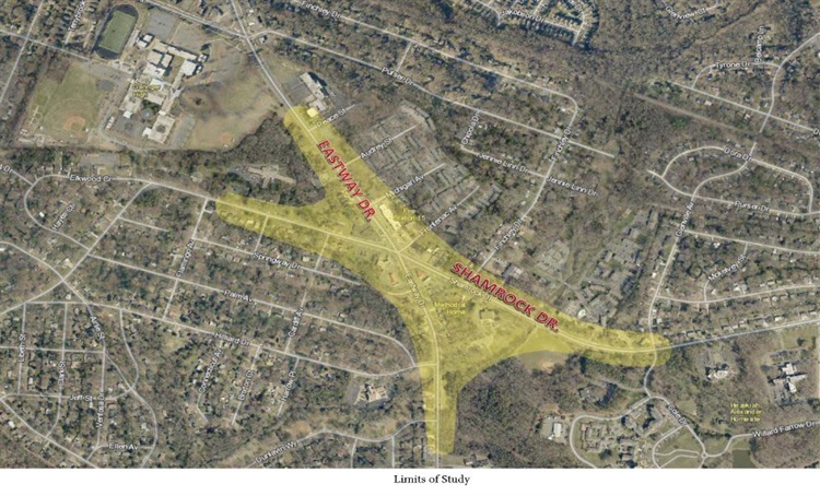 An aerial map of the project area, with the intersection of Eastway Drive and Shamrock Drive highlighted in yellow to denote where work will take place