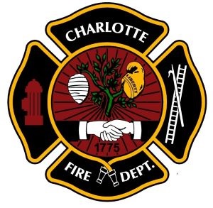 Charlotte Fire Department logo with a tree, hornets' nest, two hands clasped together and a ladder