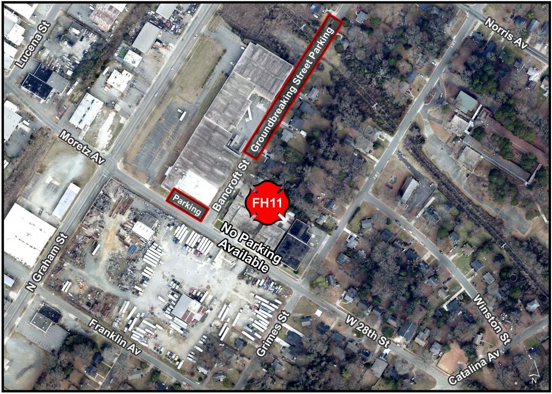 aerial map of project with red boxes to indicate where to park
