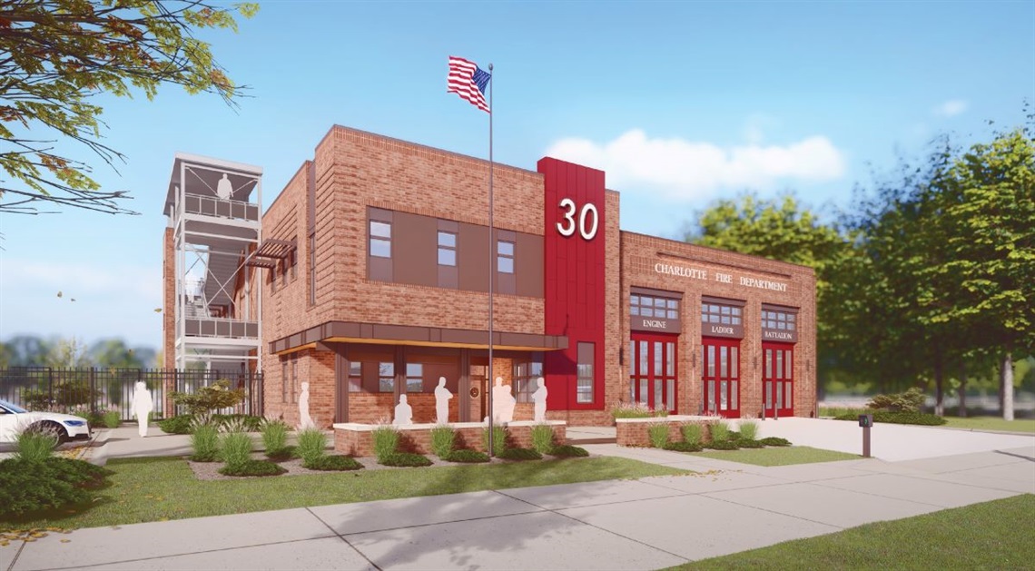 Consultant rendering of Firehouse #30 from the outside, showing the entrance and three pays. For illustrative purposes only.