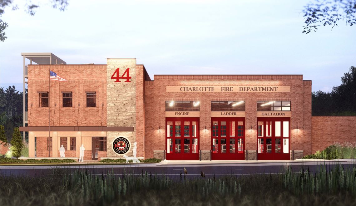 rendering of a 3-bay brick firehouse