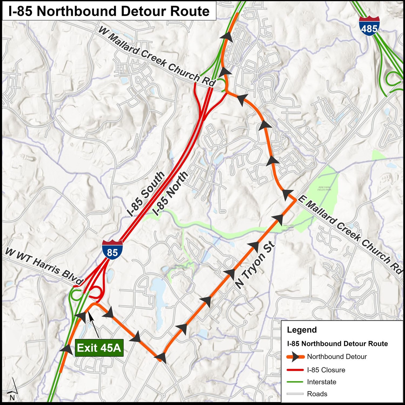 an illustrated map depicting a road closure on I-85 in red and a detour depicted in orange and arrows pointing in the northbound travel direction.