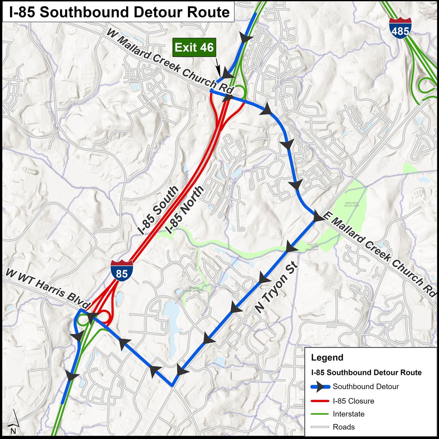 an illustrated map depicting a road closure on I-85 in red and a detour depicted in blue and arrows pointing in the southbound travel direction.