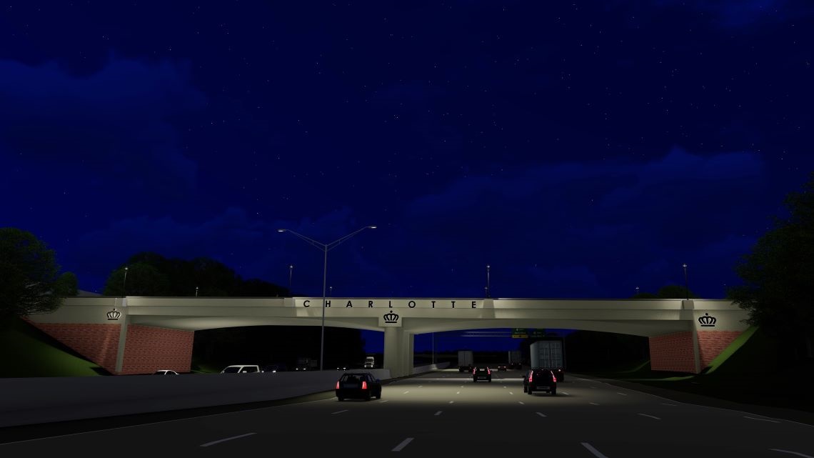 rendering of bridge at night, with word 