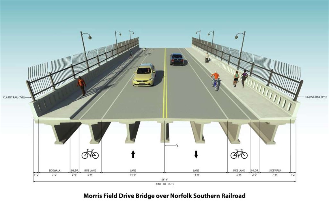 A cross-section of the roadway with a 7-foot-wide sidewalk, 2-foot-wide shoulder, 5-foot wide bike lane and 14-foot-wide travel lane on each side