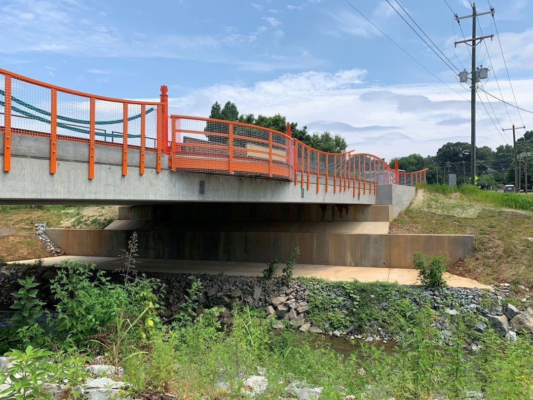 A view of the finished bridge spanning Upper Little Sugar Creek