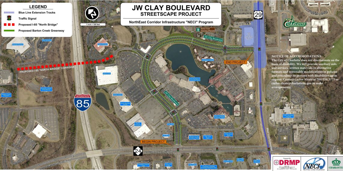 detailed map of JW Clay Streetscape project and where it is in relation to the I-85 North Bridge project
