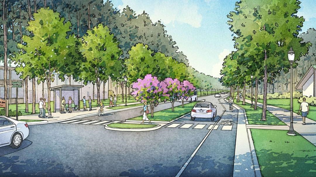 consultant rendering of the streetscape, with a median, crosswalk, bus shelter, pedestrian lighting and sidewalks