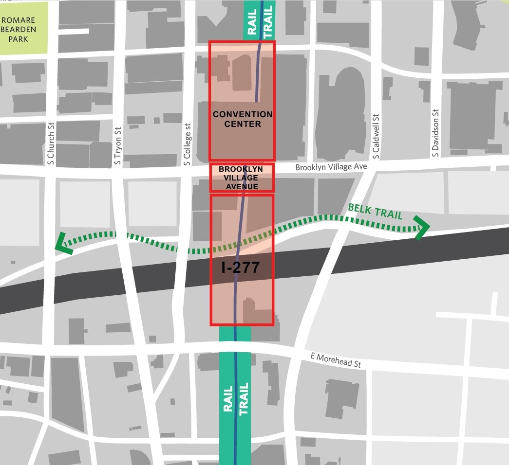 A map that illustrates the approximate location of the future bridge, spanning Stonewall Street and I-277 near the Charlotte Convention Center